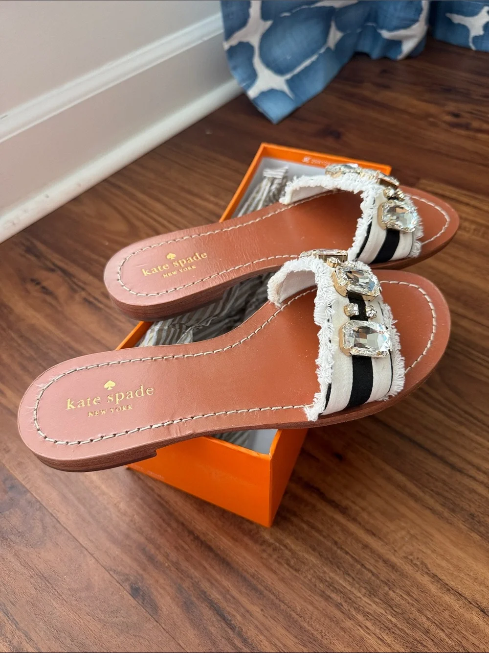 kate spade Crystal-Embellished White Frayed Slide Sandals
